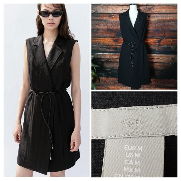 H&M Dresses & Skirts - H&M Blazer Wrap Dress Size M Black Tie Belt Sleeveless Lined
